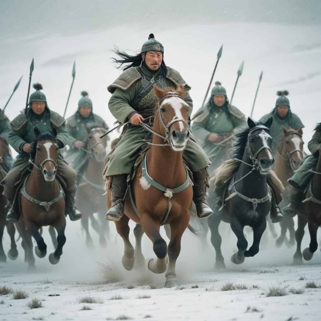 History Games - a group of Mongolian men riding horses in the snow