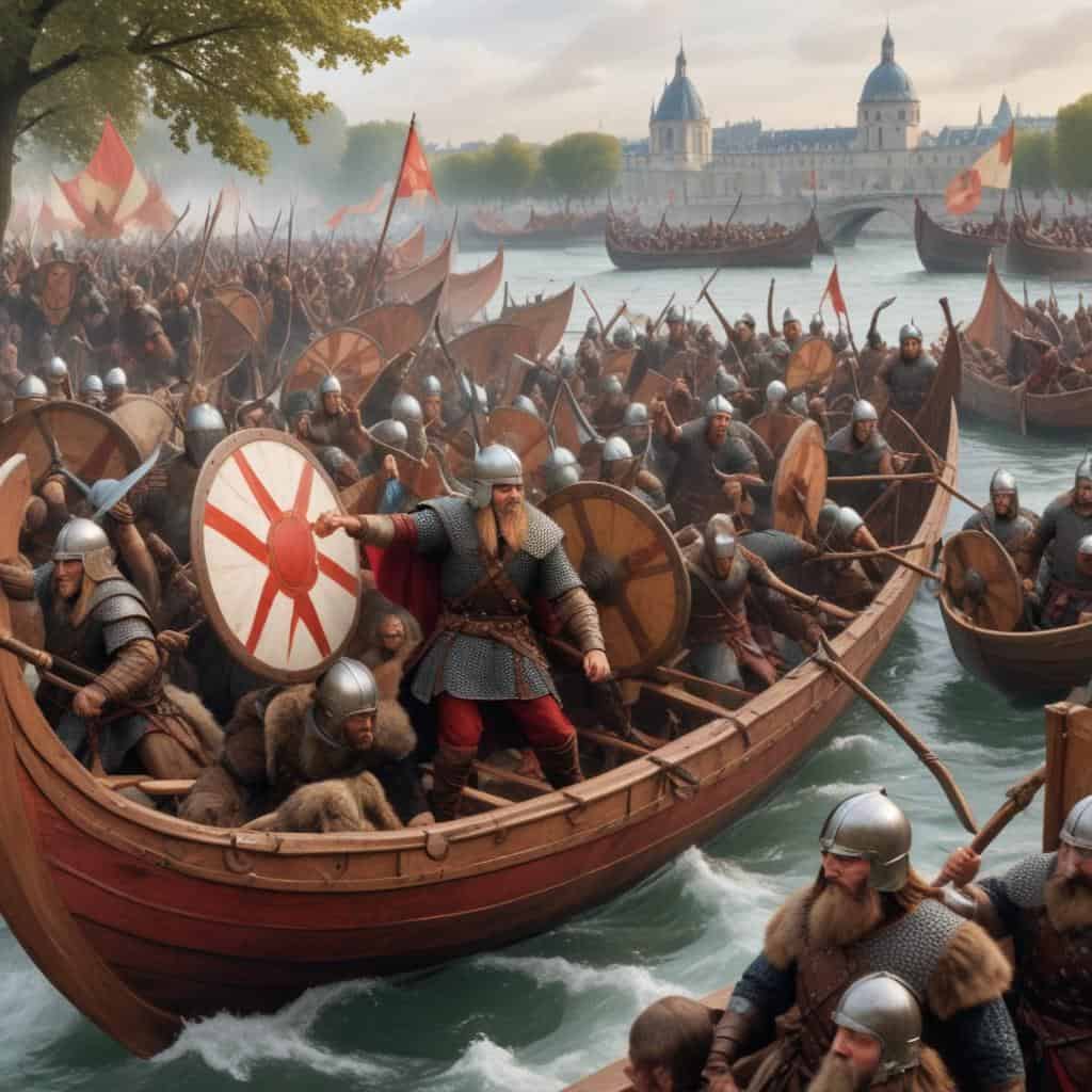 a group of Vikings in a boat attacking Paris