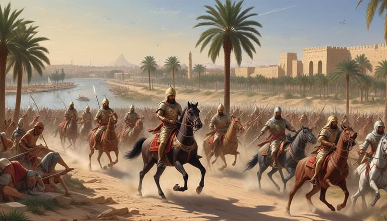 Arab cavalry advancing through Egyptian landscape.