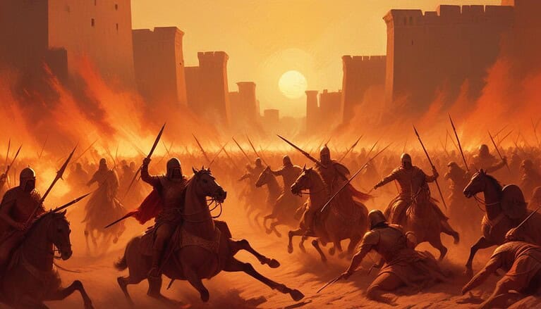 Fiery battle scene with cavalry charging