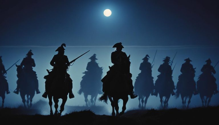 Silhouetted cavalry under a full moon.