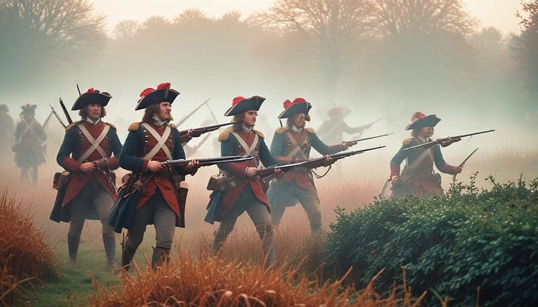 Soldiers advancing through foggy landscape.