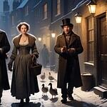 Victorian street scene with characters walking.