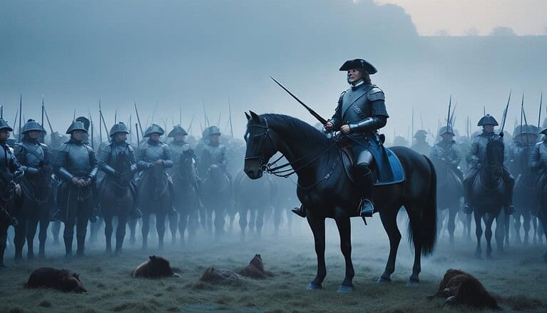 Soldier on horseback leading troops.