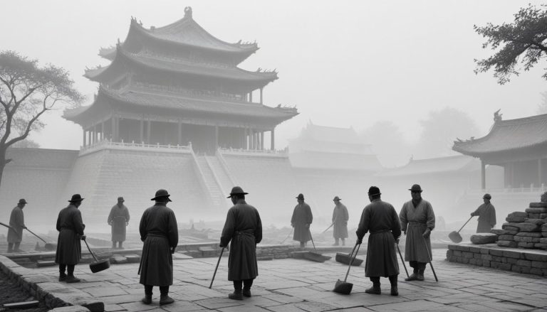 Workers in foggy ancient palace setting.
