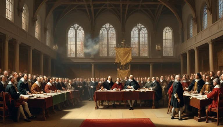 Historical assembly in grand hall.