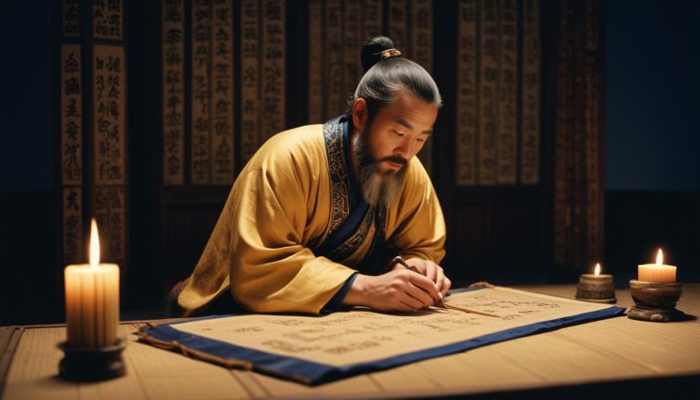 Scholar writing on ancient scrolls.