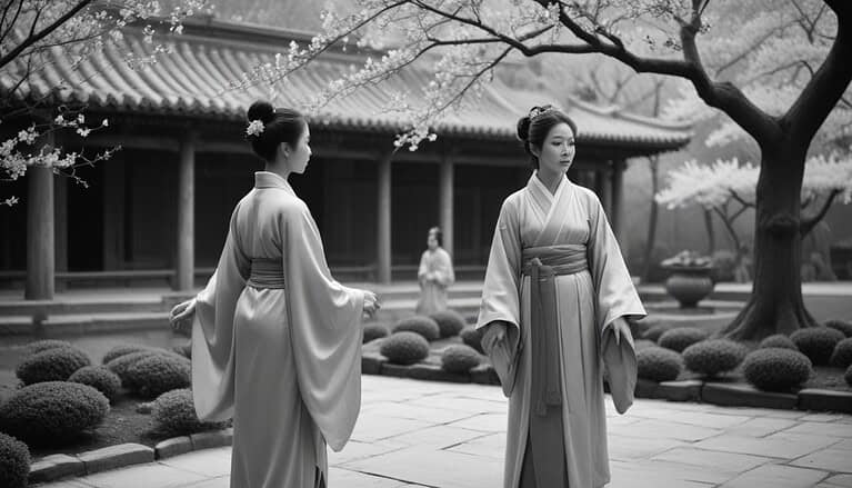 Traditional attire in serene garden setting.