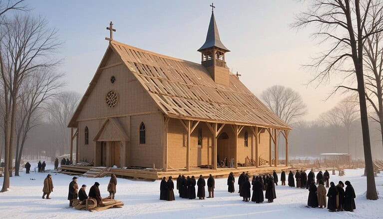 Wooden church under construction, snowy landscape.