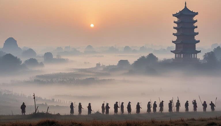 Misty sunrise with silhouetted figures marching