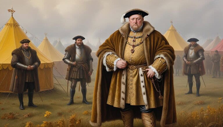 Royal figures in a medieval setting.