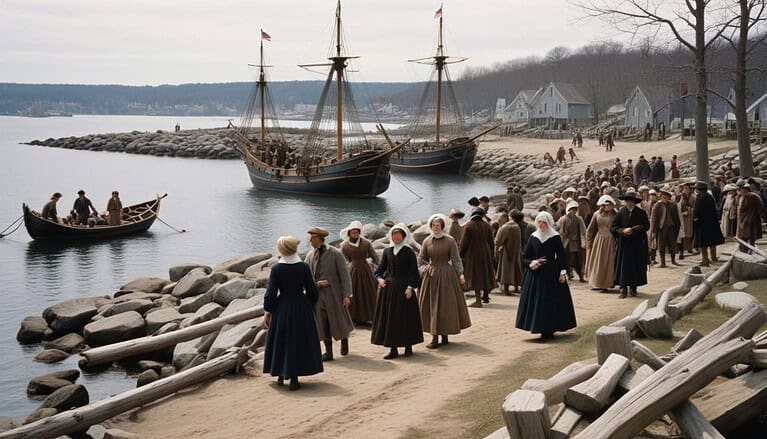 Colonial settlers arriving by boat.