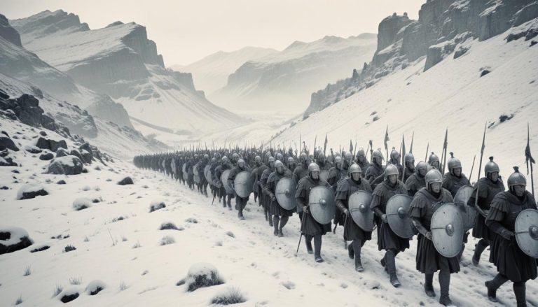 Soldiers marching through snowy landscape.