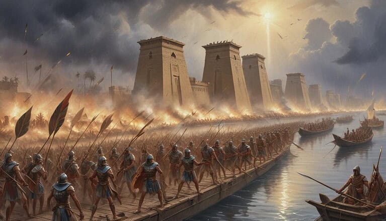 Ancient battle scene with soldiers.