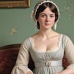 Woman in historical dress, elegant setting.