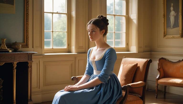 Woman in blue dress sitting indoors.