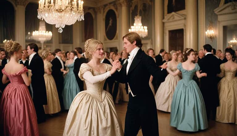 Elegant ballroom dance in historical attire.