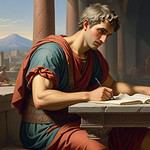 Scholar writing in ancient setting.