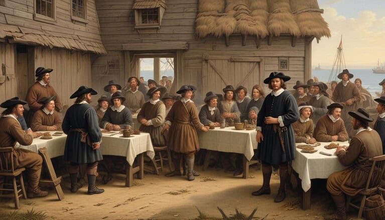 Colonial gathering with food and discussion.