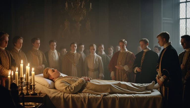 Royal funeral with mourners in attendance.