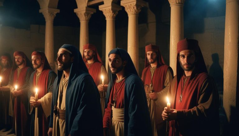 Mysterious figures holding candles in shadows.