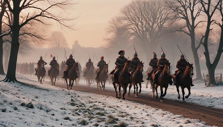 Cavalry marching through snowy landscape
