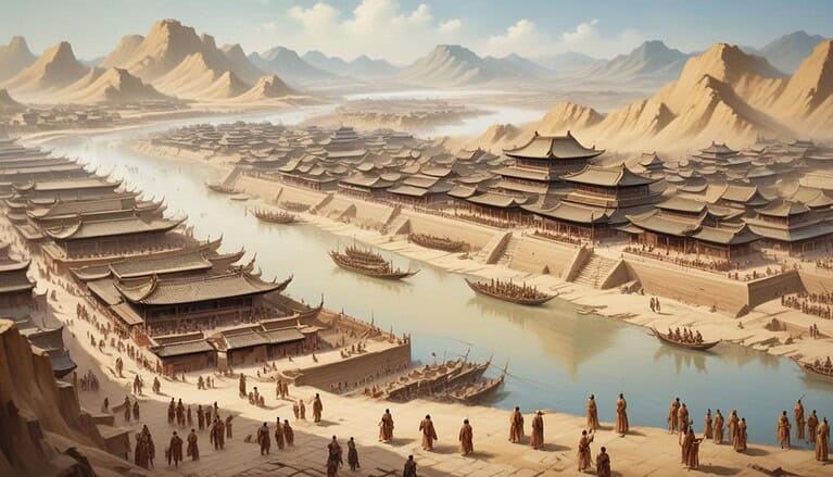 Ancient city with rivers and mountains.