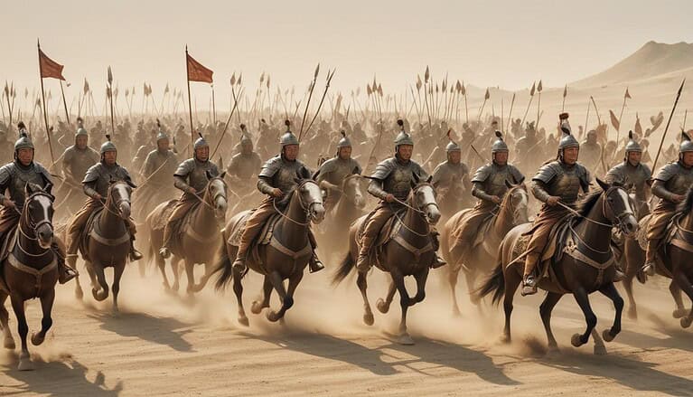 Ancient cavalry charging through dust