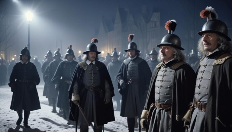 Soldiers gathered in a snowy night.