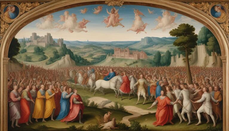 Historical scene with crowds and horses.