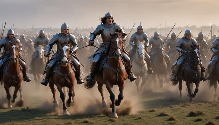 Charging knights on horseback in battle