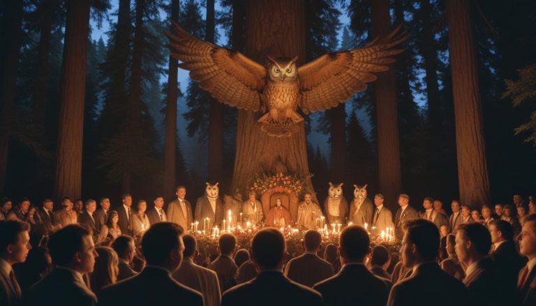 Mysterious gathering under towering trees.