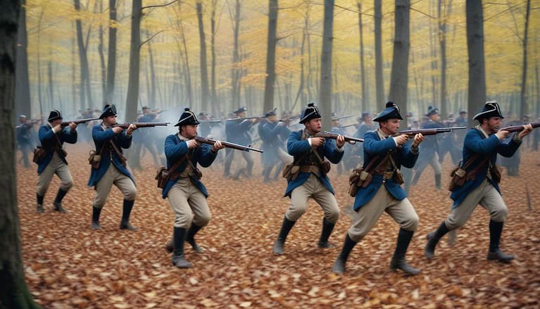 Soldiers marching through autumn forest