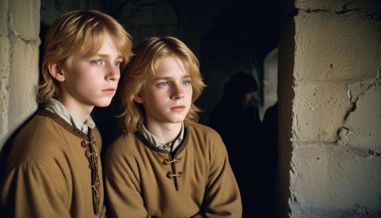 Two boys in medieval attire standing.