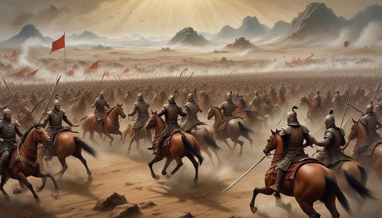 Ancient warriors charging across battlefield.