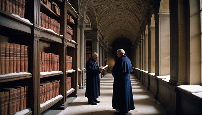 Two figures in a grand library.