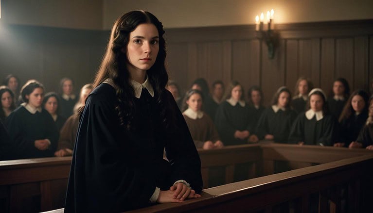Historical courtroom scene with spectators.