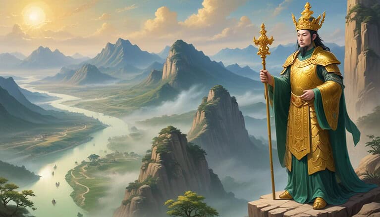 Regal figure overlooking a serene landscape.