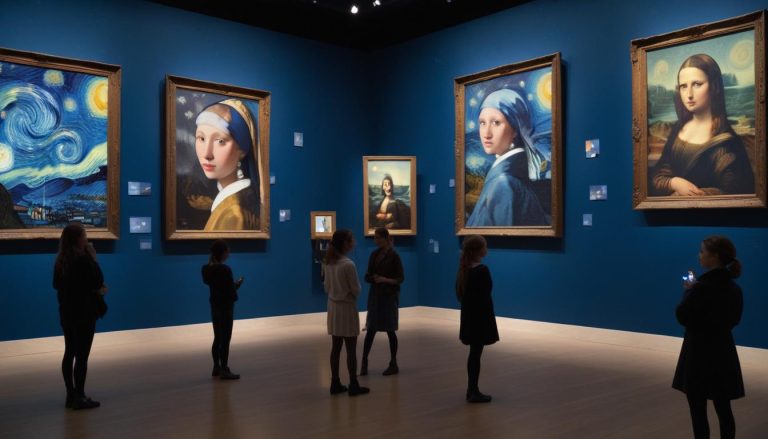 Visitors admiring classic art pieces.