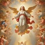 Angelic figure surrounded by heavenly beings.