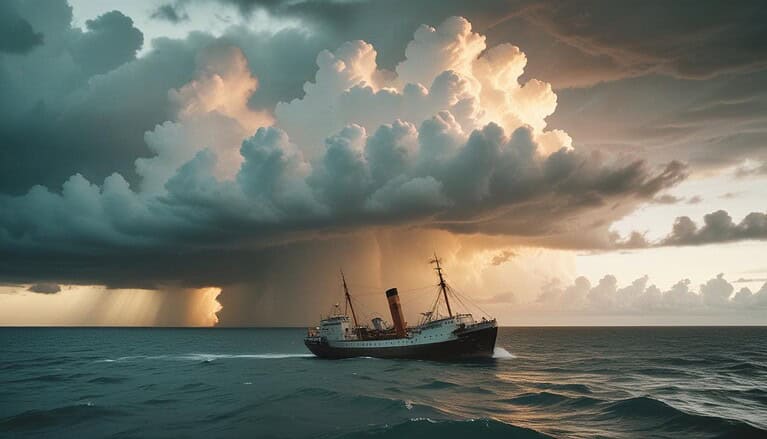 Ship sailing under dramatic storm clouds
