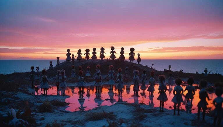 Dolls silhouetted against a colorful sunset.