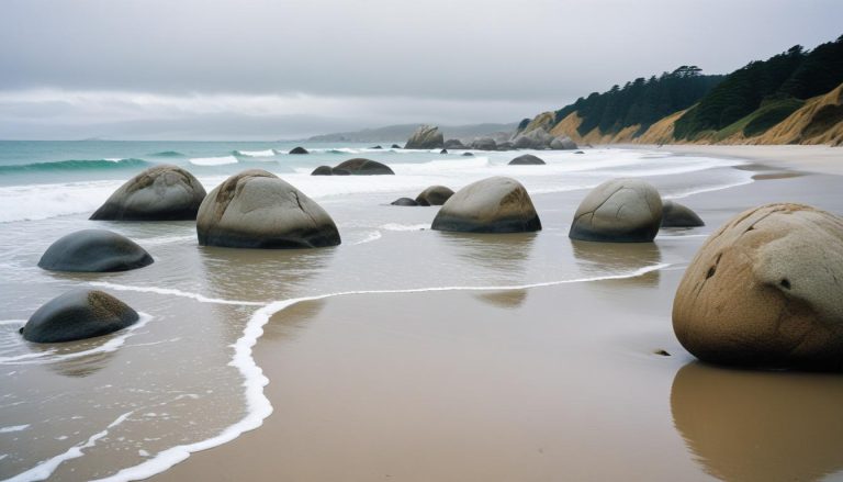 Large spherical boulders on beach